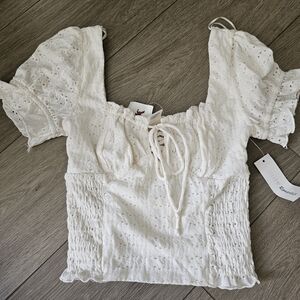 Eyelet Puff-Sleeve Crop Top - White